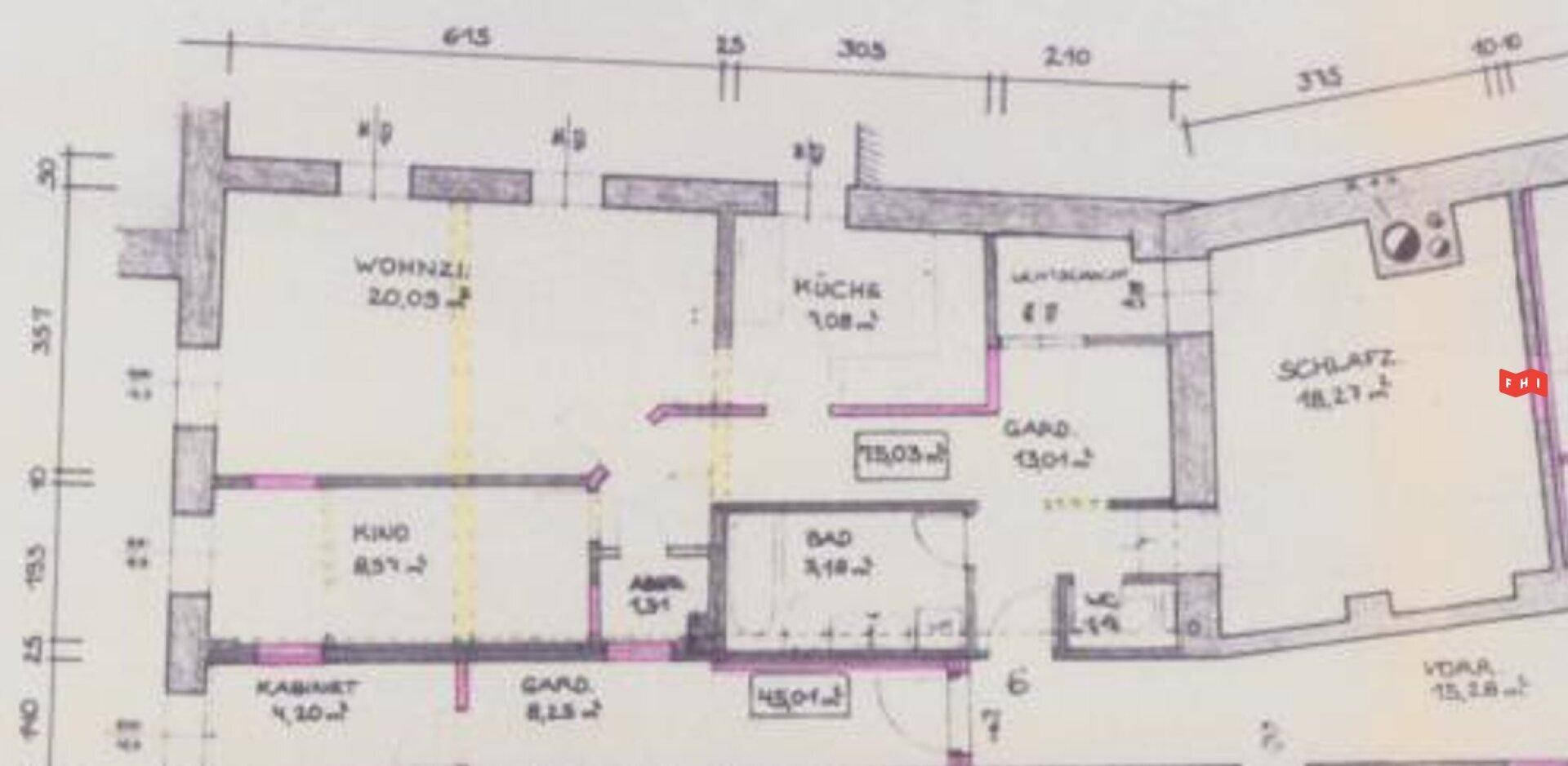 Detaillierter Grundriss einer Wohnung mit separaten Räumen wie Wohnzimmer, Küche, Schlafzimmer, Kinderzimmer und Bad.