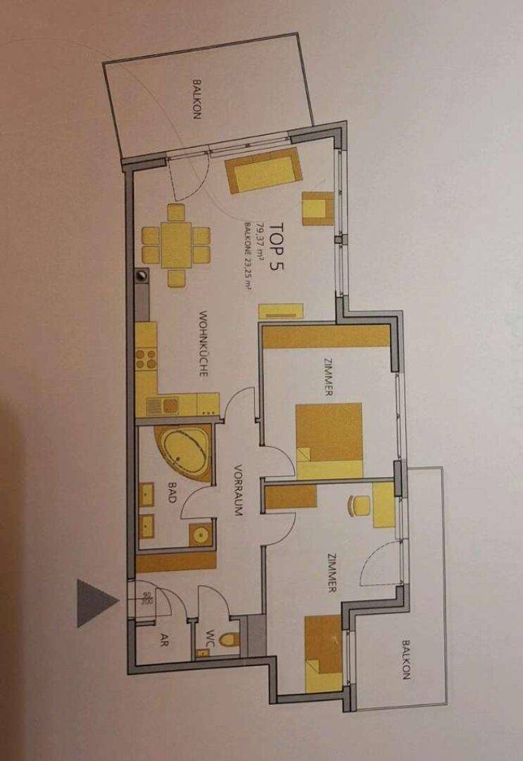 Grundriss der Wohnung Top 5 mit drei Zimmern, Bad, separatem WC und zwei Balkonen.