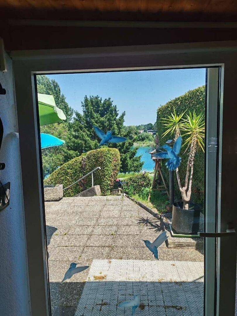 Blick aus dem Fenster auf die Terrasse und den Garten mit See im Hintergrund.