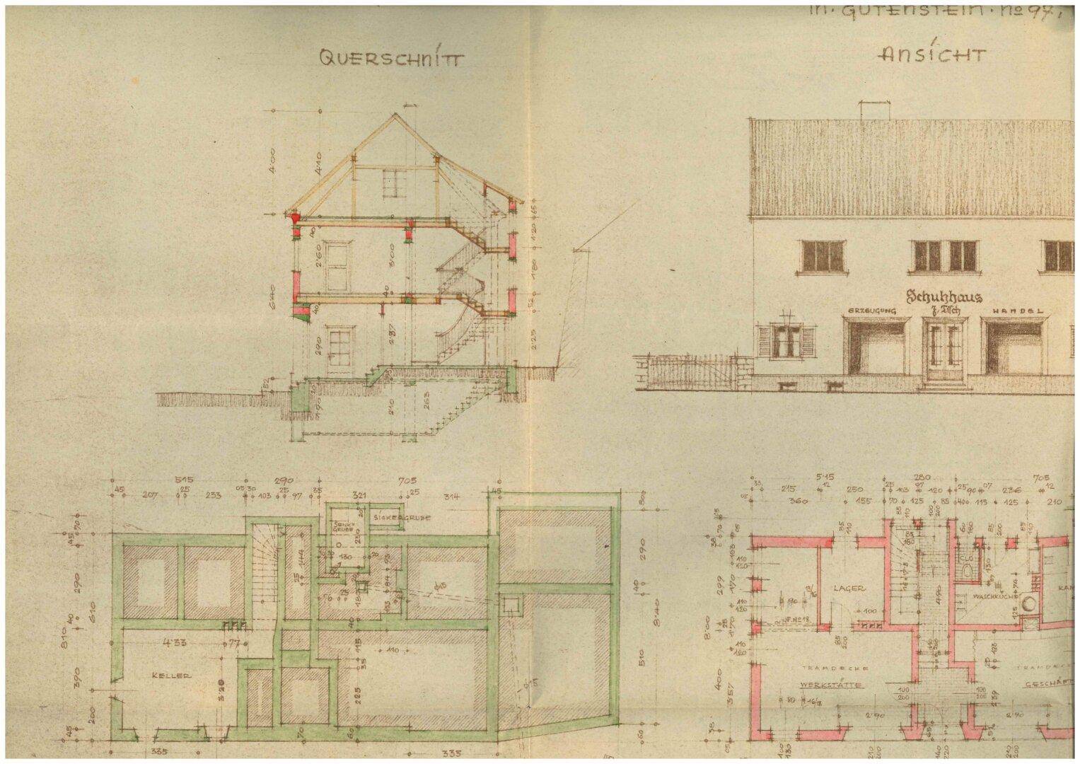 Historischer Bauplan mit Querschnitt, Ansicht und Grundrissen eines Gebäudes.