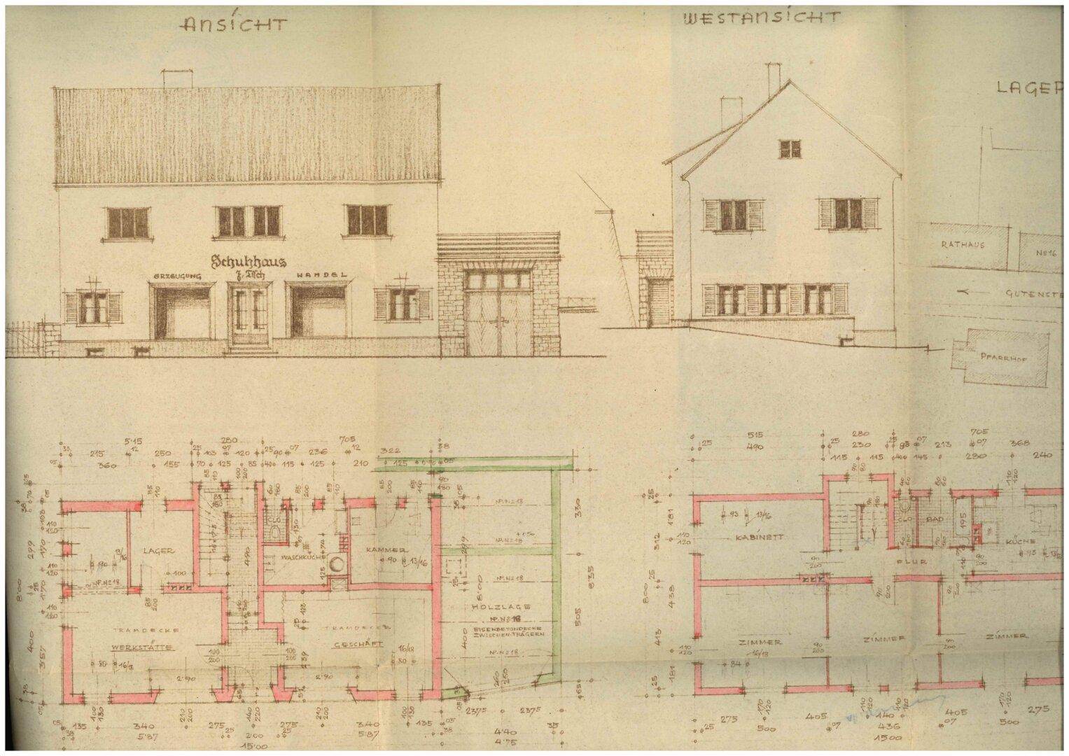 Historischer Bauplan mit Ansichten und Grundrissen eines Gebäudes, inklusive Westansicht.