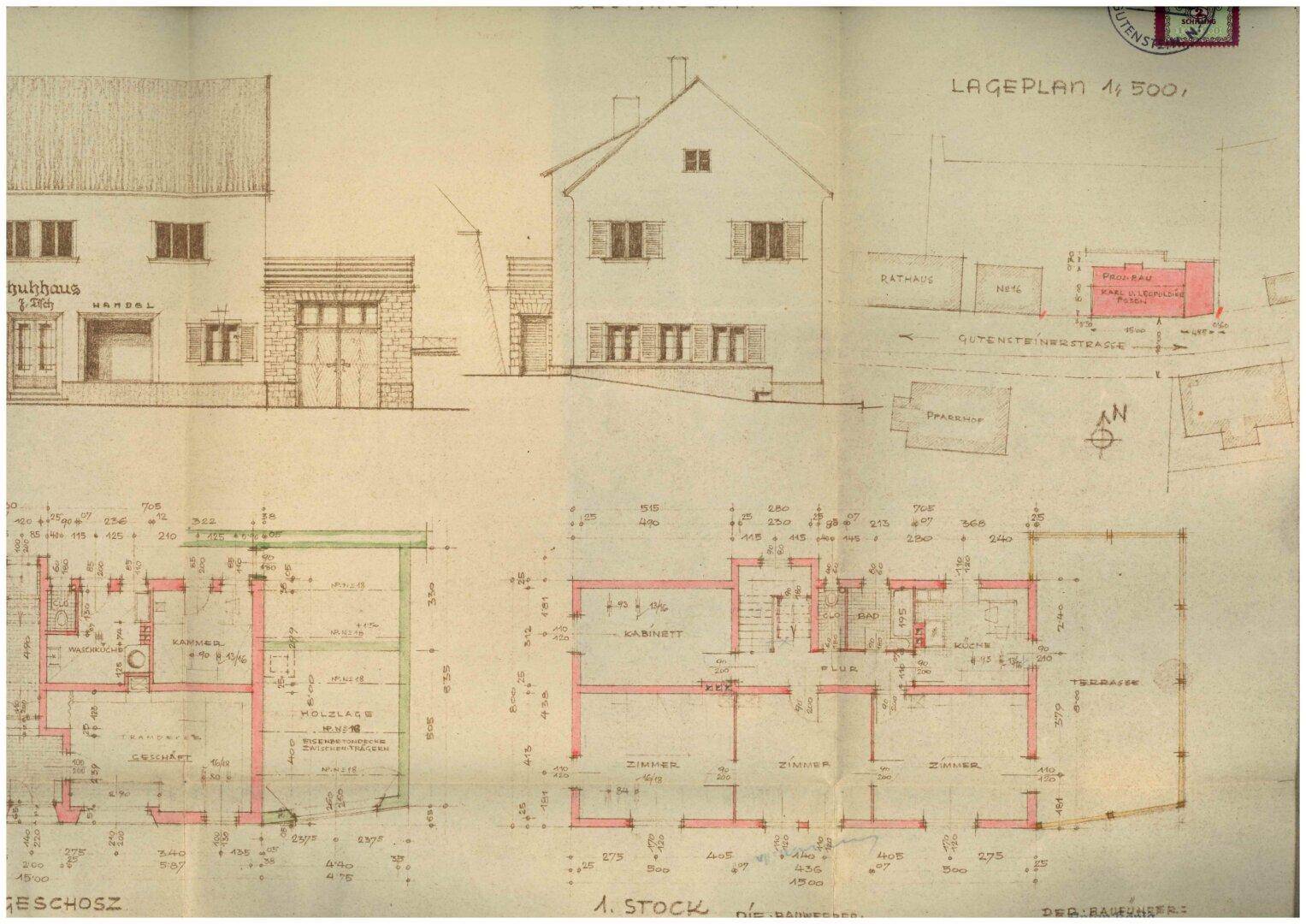 Historischer Bauplan mit Lageplan, Ansichten und Grundrissen eines Gebäudes.