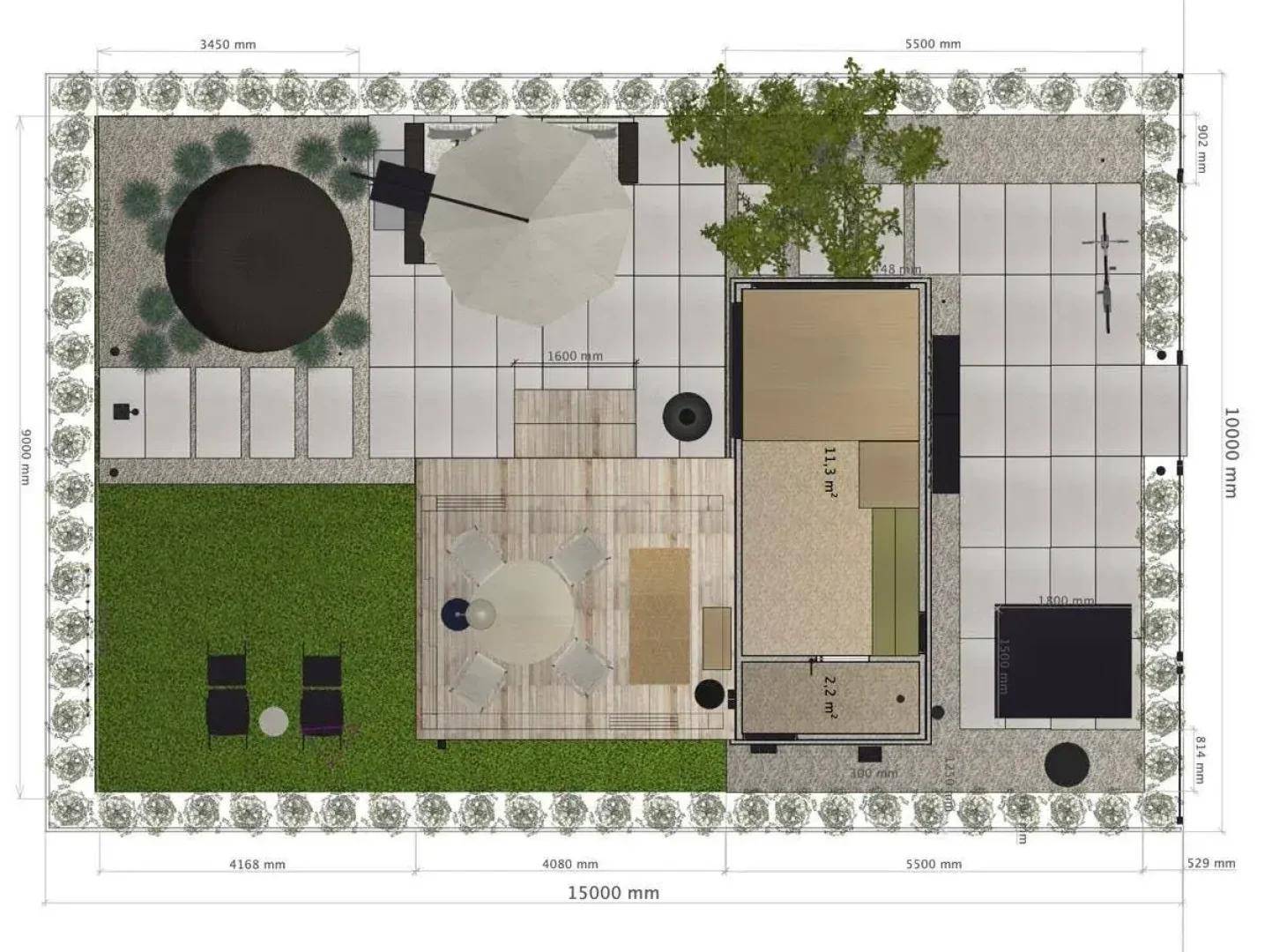 Detaillierter Garten- und Gebäudegrundriss mit Maßen und Anordnung der Außenbereiche.