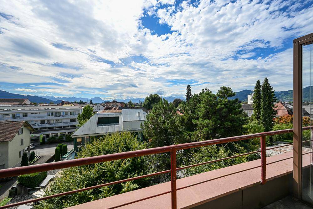 Weitläufiger Ausblick von der Terrasse mit viel Grün, Bäumen und einer malerischen Bergkulisse.