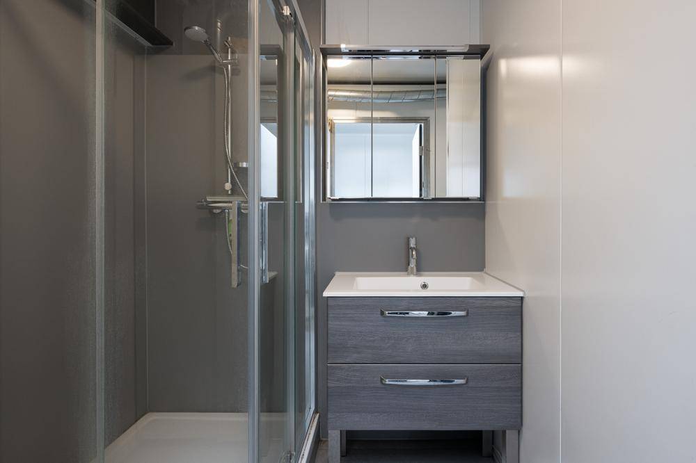 Kompaktes Badezimmer mit Duschkabine, modernem Waschtisch und Spiegelschrank in Grautönen.