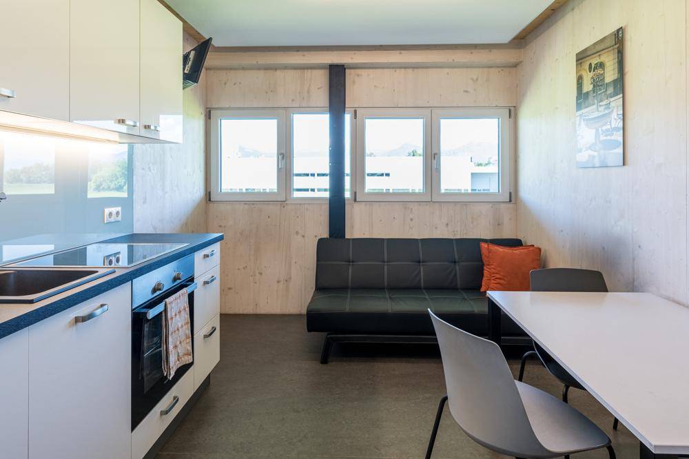 Kompakter Wohnbereich mit integrierter Küchenzeile, Sofa und Esstisch, umgeben von Holzwänden.