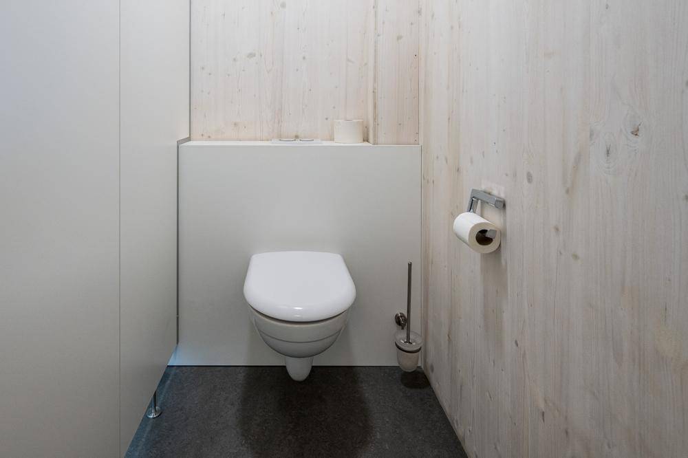 Separate Toilette mit Holzwänden und einem wandhängenden WC in einem schlichten Design.