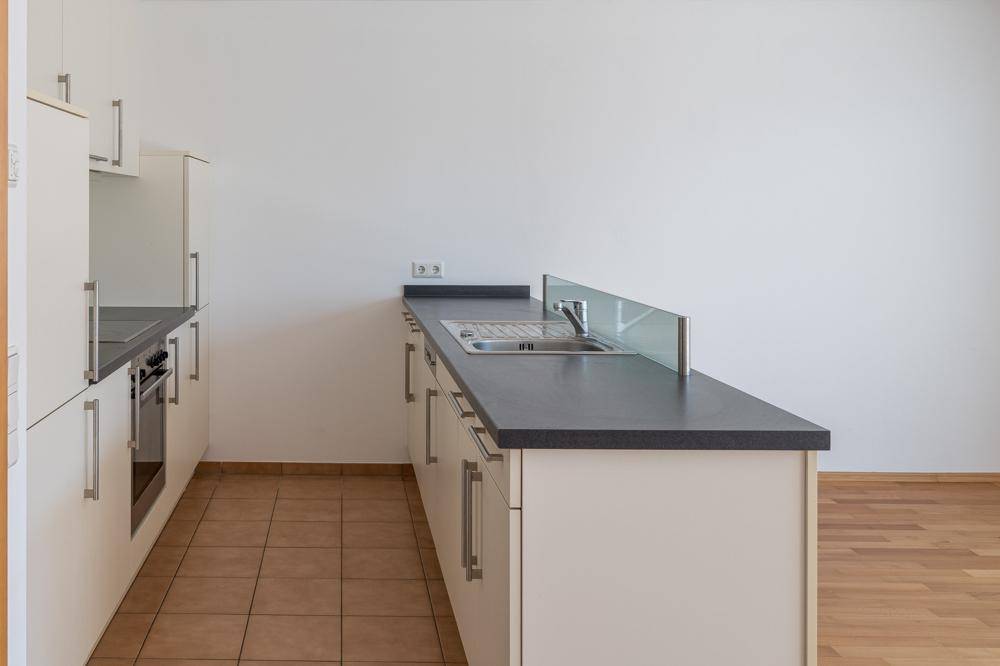 Detailansicht der modernen Einbauküche mit Spüle und Arbeitsplatte in dunklem Farbton.