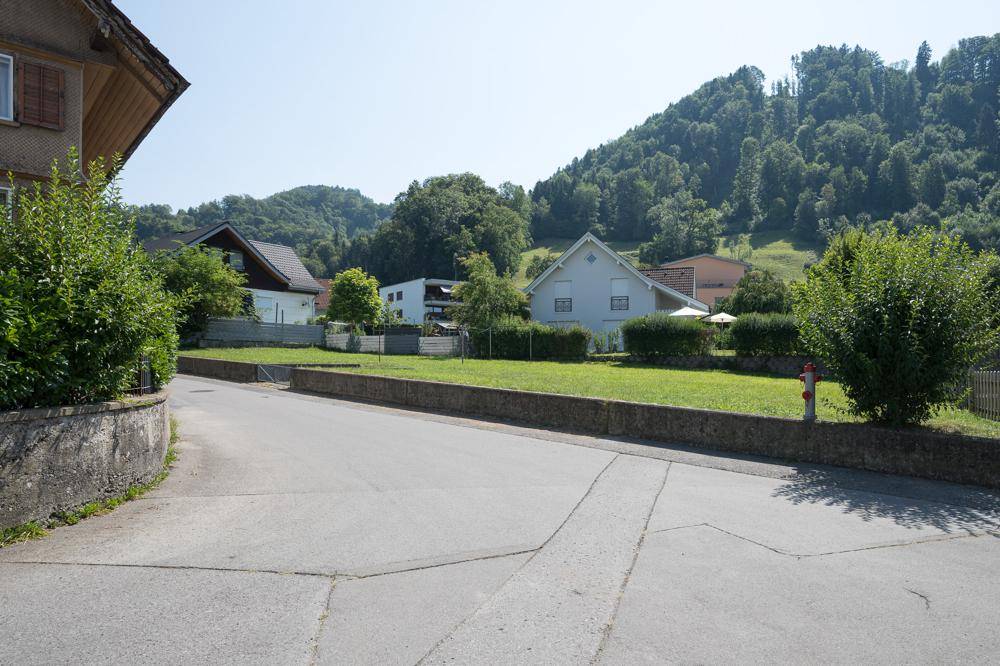 Ländliche Straße mit Blick auf bewaldete Hügel und einige Wohnhäuser in der Umgebung.