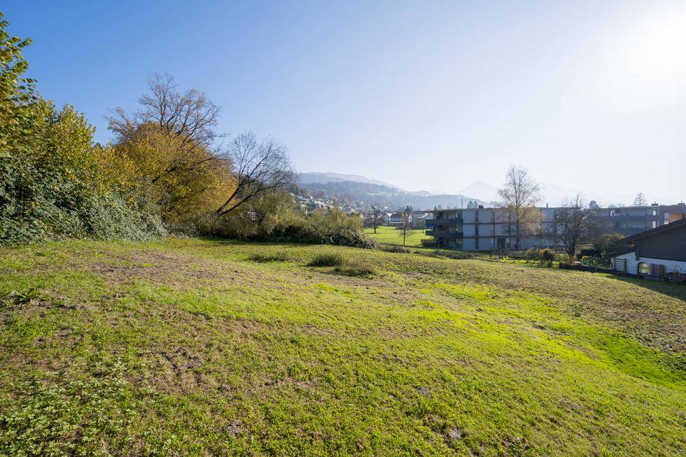 Sonnenbeschienenes Grundstück mit Wiese und Fernblick auf die Berge und angrenzende Gebäude.