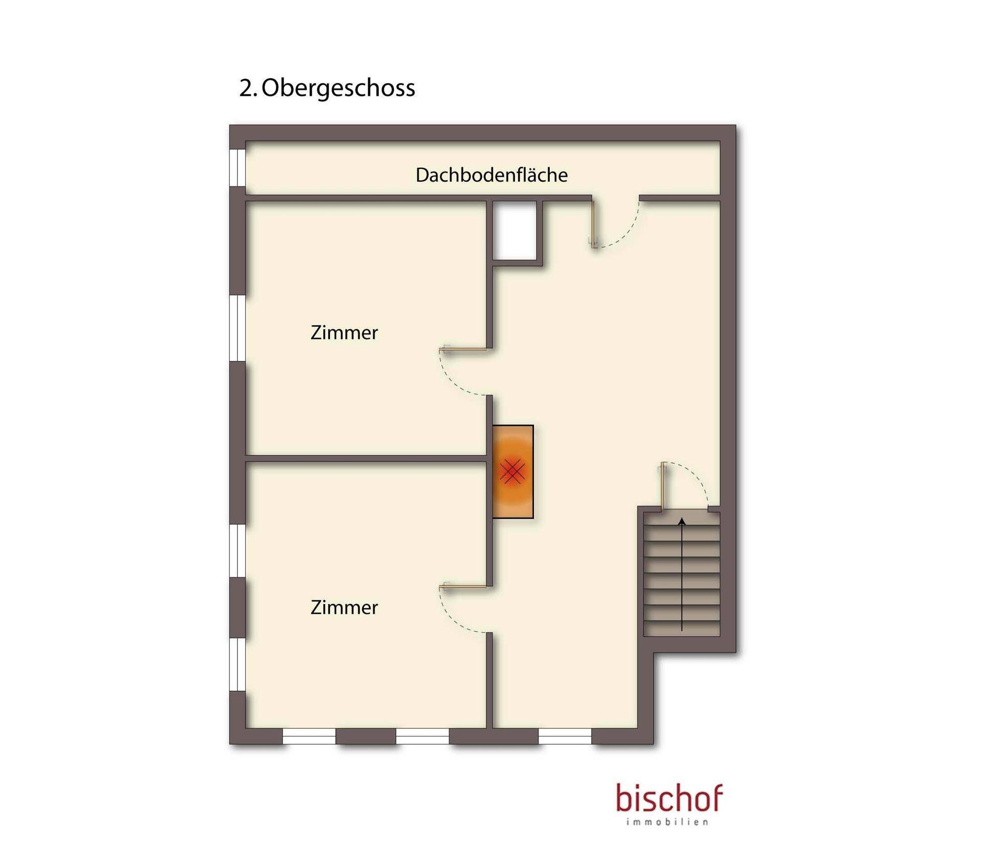 Grundriss des 2. Obergeschosses mit Dachbodenfläche und zwei weiteren Zimmern.
