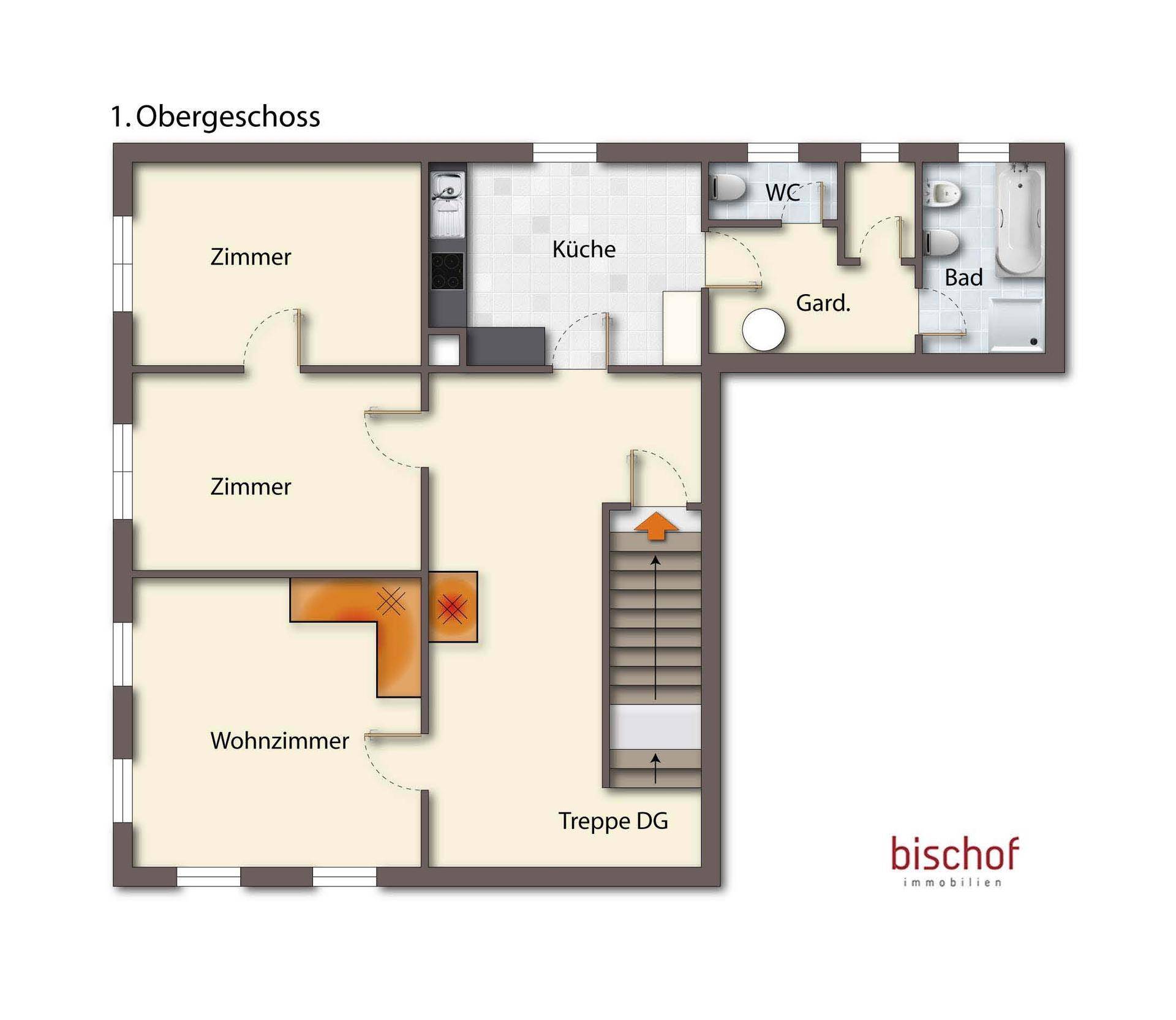 Grundriss des 1. Obergeschosses mit Wohnzimmer, Küche, zwei Zimmern, Bad und WC.