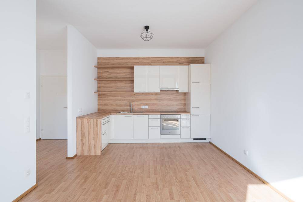 Moderne Küchenzeile in einem hellen Raum mit Holzdekor und Laminatboden, ideal für offenes Wohnen.