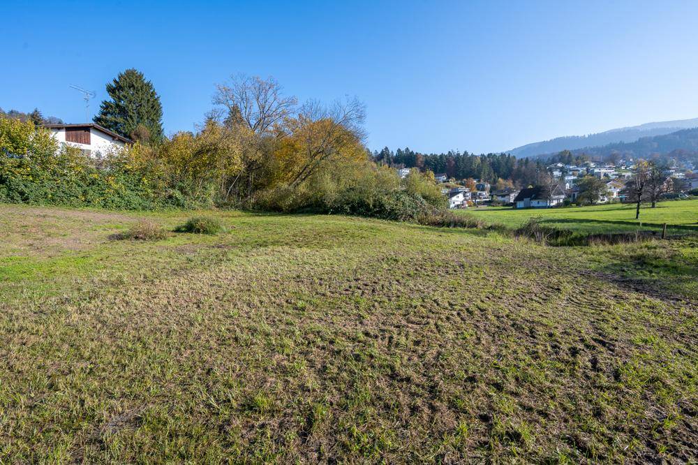 Grünes Grundstück mit Blick auf die umliegende Bebauung und bewaldete Hügel unter blauem Himmel.