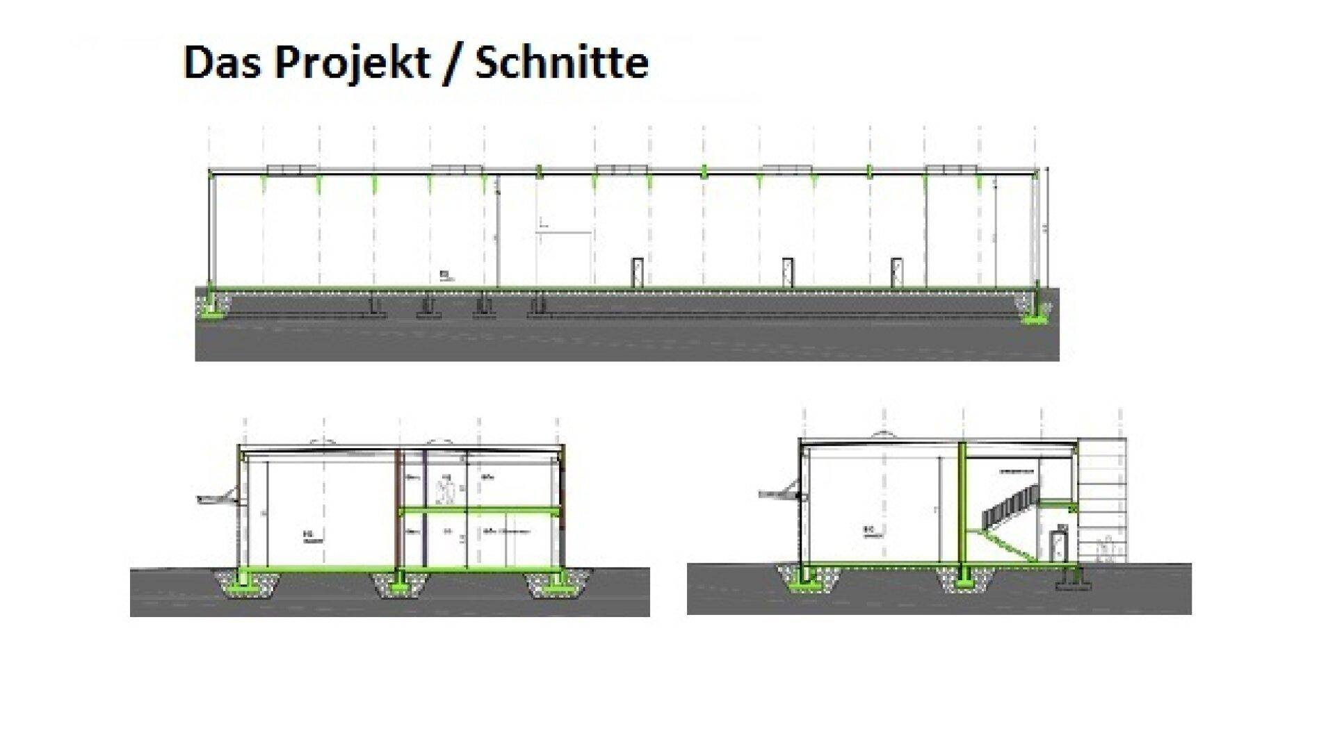 Architektonische Schnitte des Gebäudes, die die interne Struktur und Geschosse zeigen.