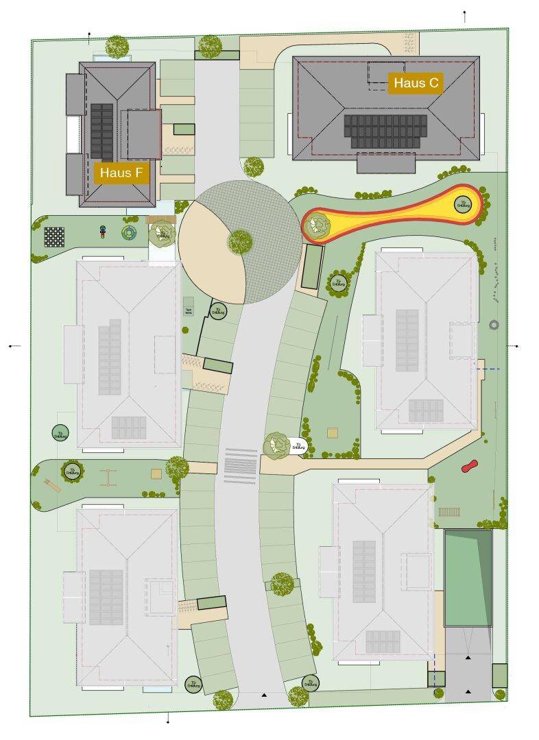 Übersichtsplan einer Wohnsiedlung mit mehreren Häusern, Zufahrtsstraße, Parkplätzen und Grünflächen.