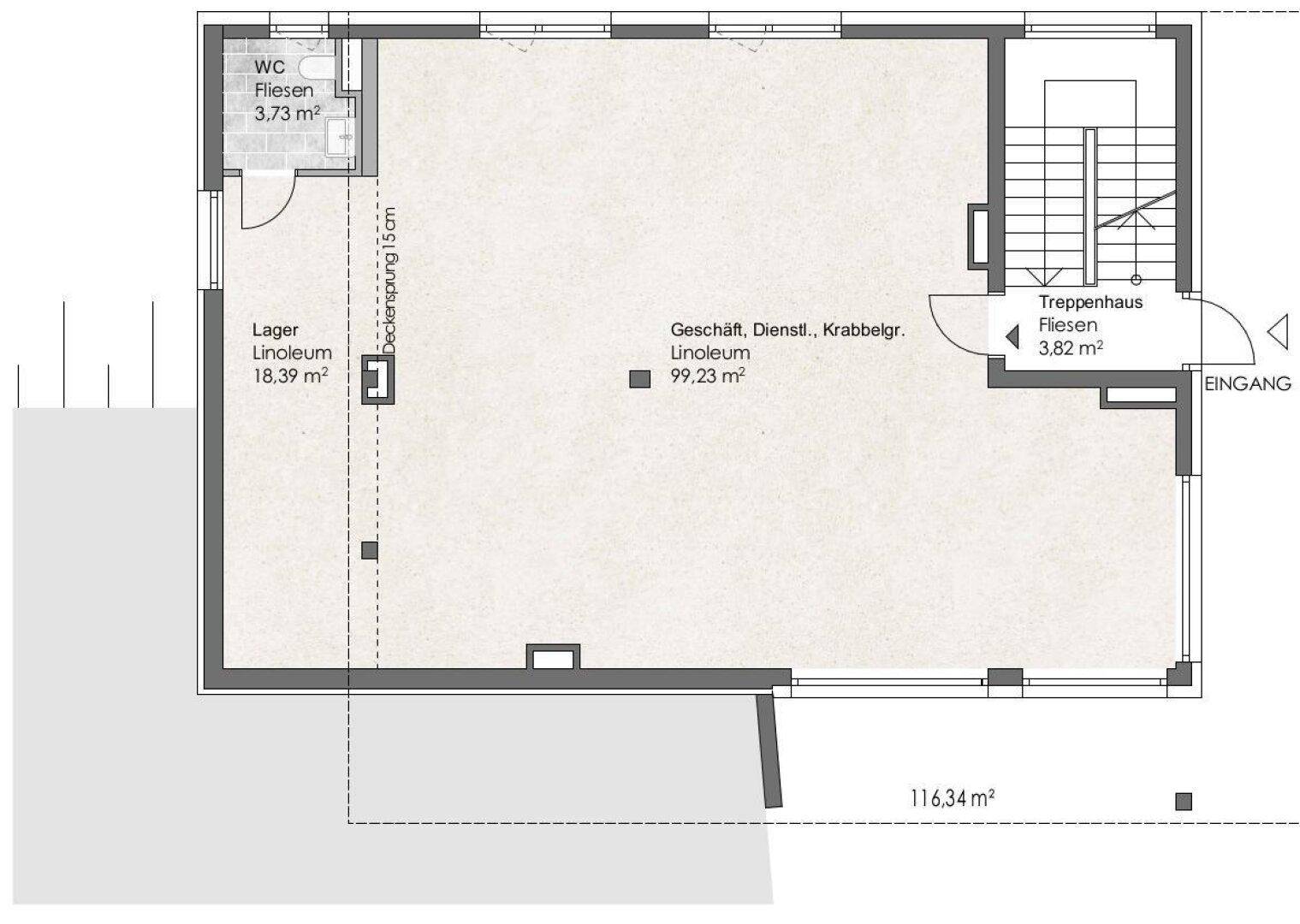 Grundriss eines Gewerbeobjekts mit großem Hauptraum, Lager, WC und Treppenhaus auf 116,34 m².