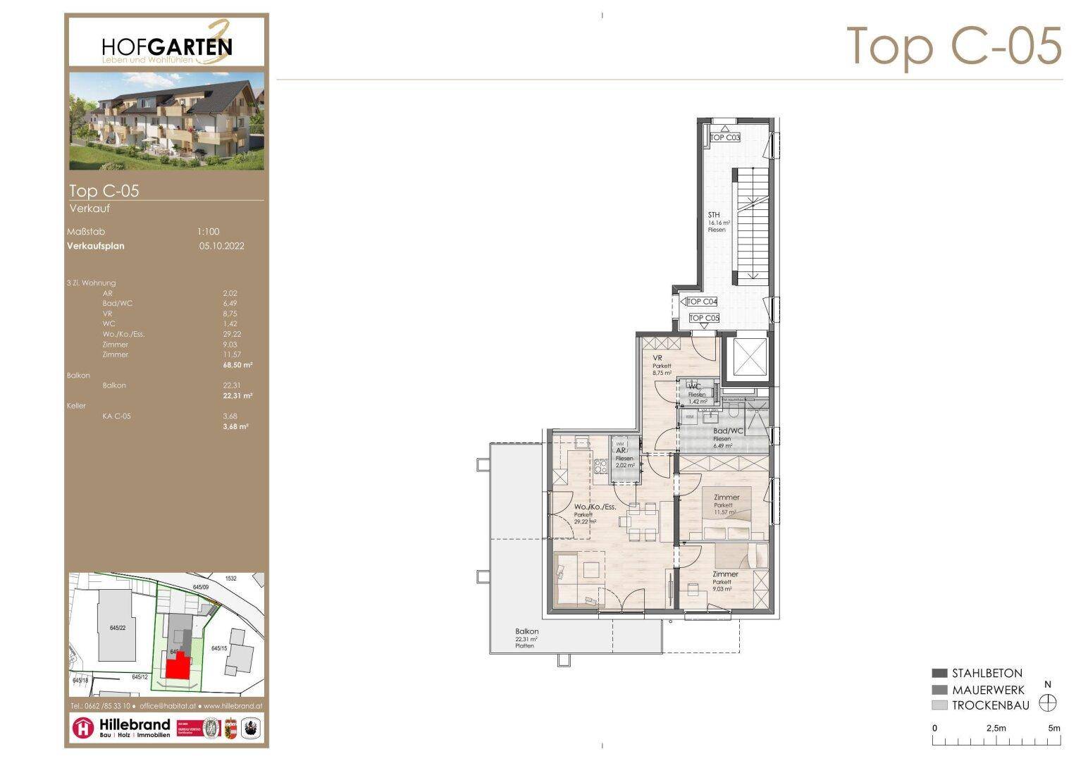Detaillierter Grundriss der Wohnung Top C-05 mit Balkon und mehreren Zimmern.