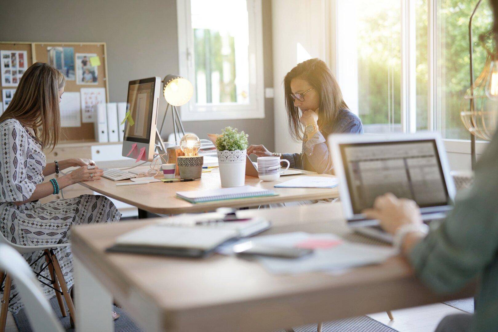 Helles Büro mit mehreren modernen Arbeitsplätzen, Computern und viel Tageslicht durch große Fenster.