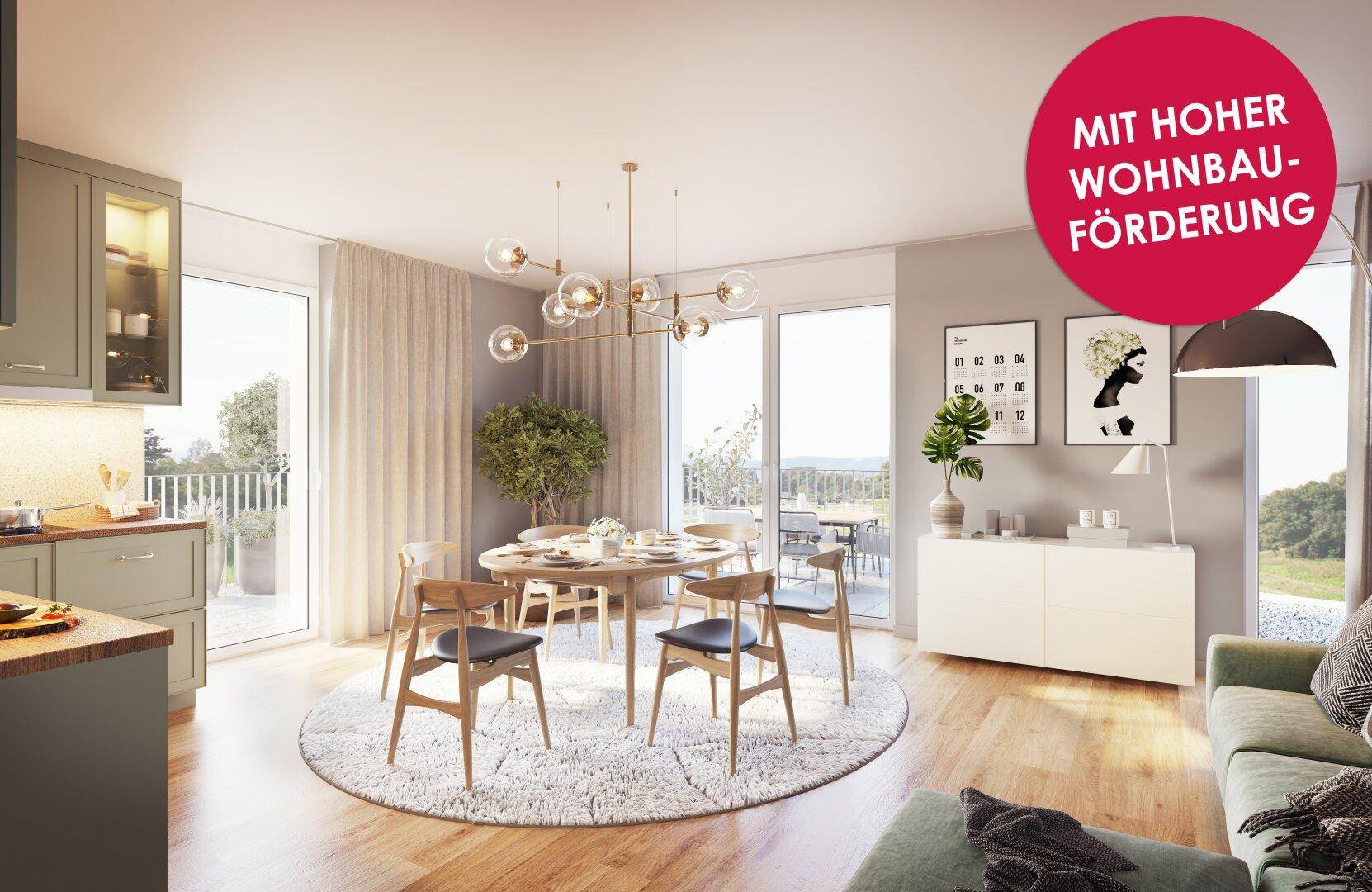 Heller, offener Wohn-Essbereich mit moderner Küche, Holzboden und Zugang zu einem Balkon mit Bergblick.