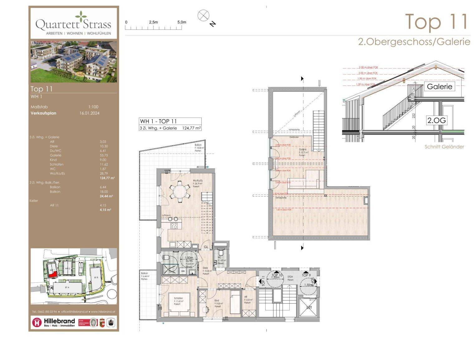 Detaillierter Grundriss der Wohnung Top 11 mit Galerie, Balkon und offenem Wohnbereich.