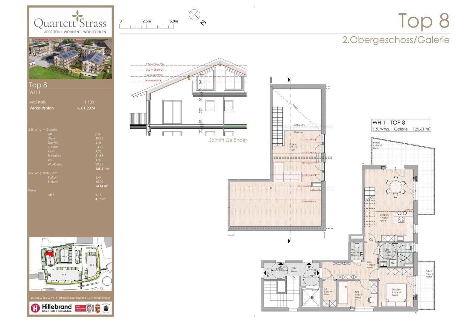 Grundrissplan der Wohnung Top 8 mit Galerie und mehreren Ebenen.