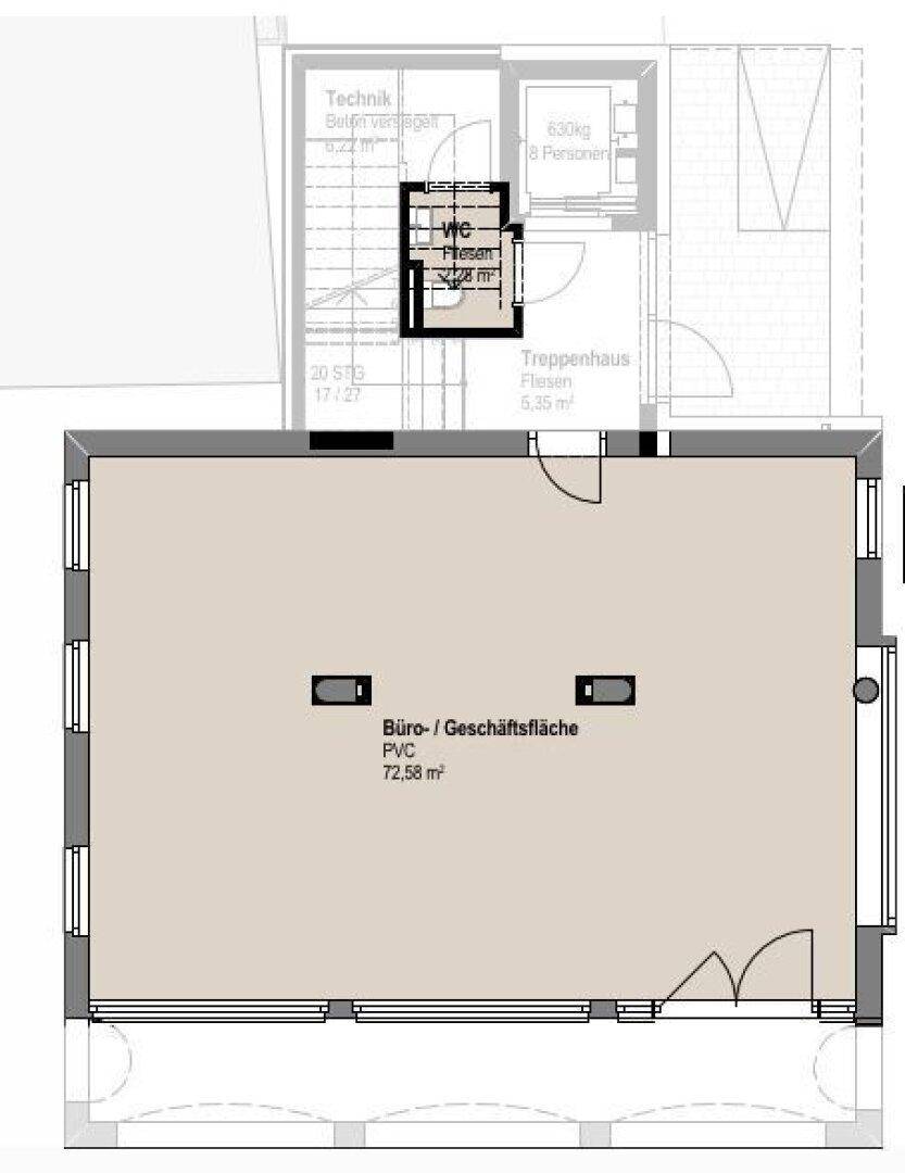 Grundrissplan zeigt eine Büro- oder Geschäftsfläche mit separatem WC, Technikraum und Zugang zum Treppenhaus und Aufzug.