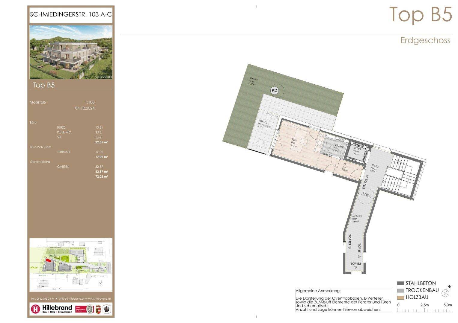 Grundriss der Erdgeschosswohnung Top B5 mit Terrasse und Gartenanteil.