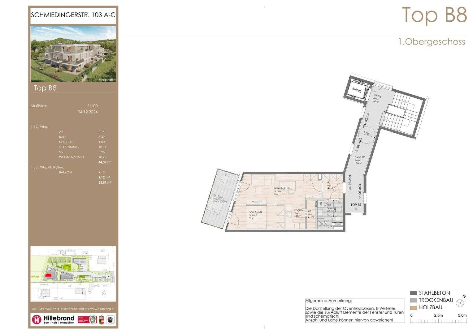 Grundriss der Wohnung Top B8 im ersten Obergeschoss mit offenem Wohnbereich, Schlafzimmer und Balkon.
