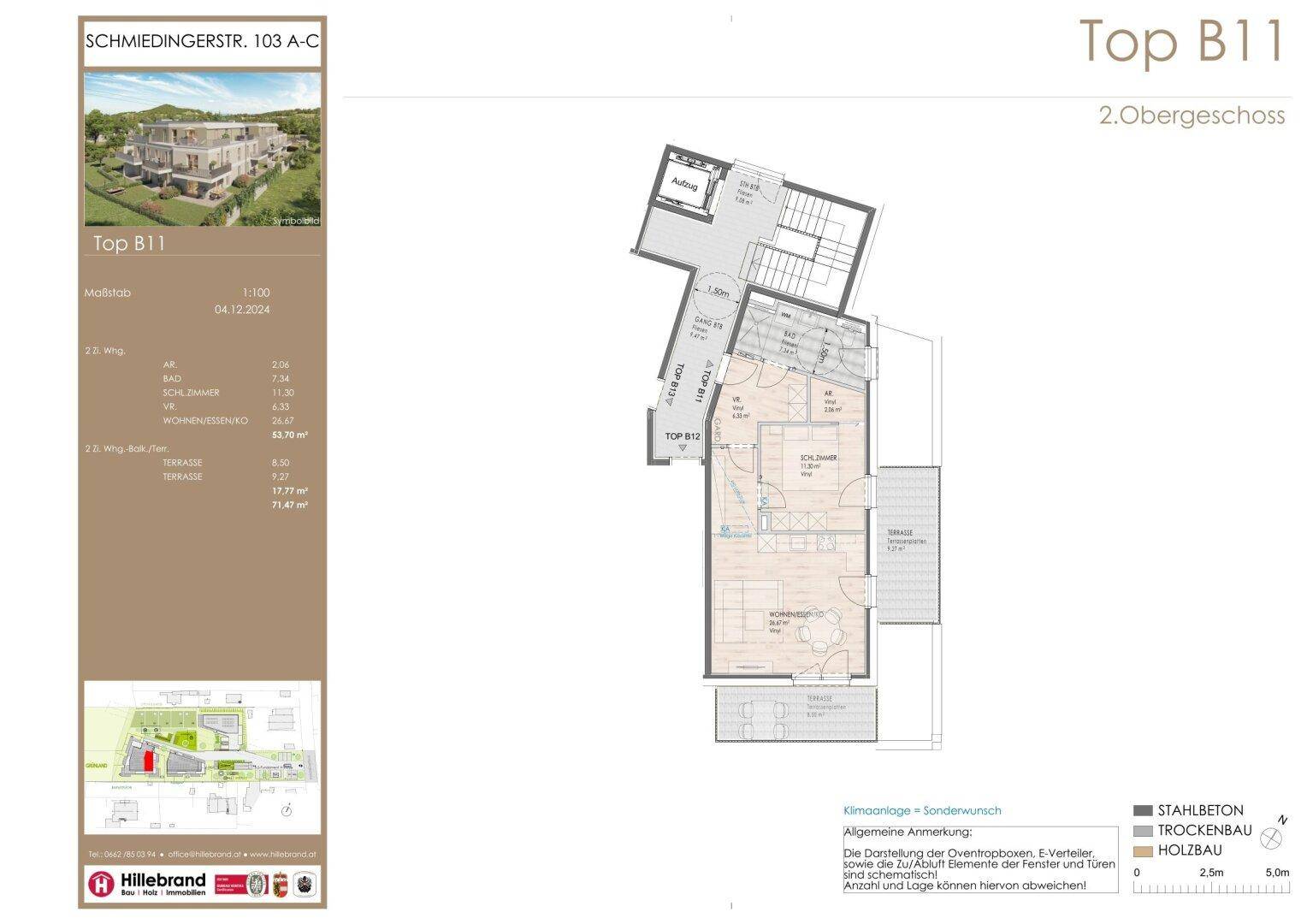 Grundriss der Wohnung Top B11 im 2. Obergeschoss mit offener Wohnküche und großer Terrasse.