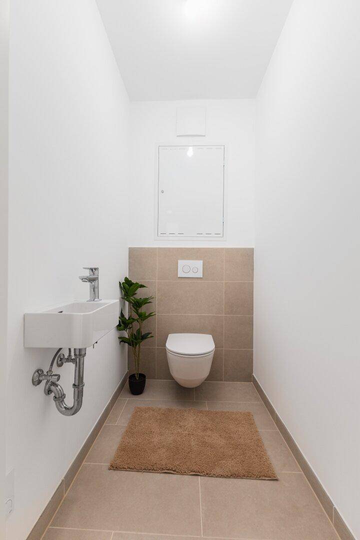 Kleines Gäste-WC mit modernem Waschbecken und Wand-WC.