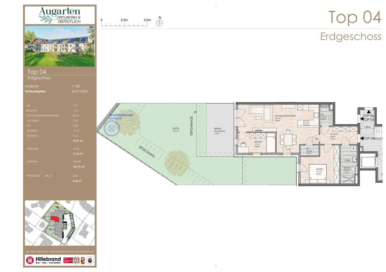 Grundriss der Erdgeschosswohnung Top 04 mit offenem Wohnbereich, zwei Bädern, Terrasse und Garten.