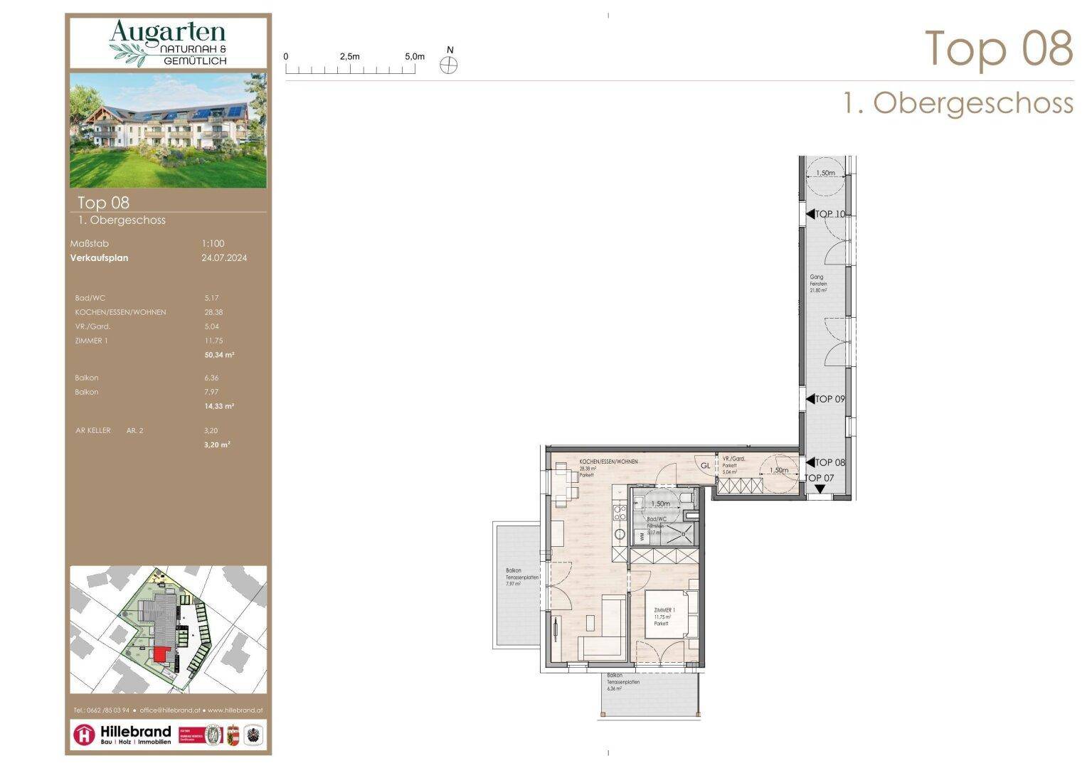 Grundriss der Wohnung Top 08 im 1. Obergeschoss mit Balkon und offenem Wohnbereich.