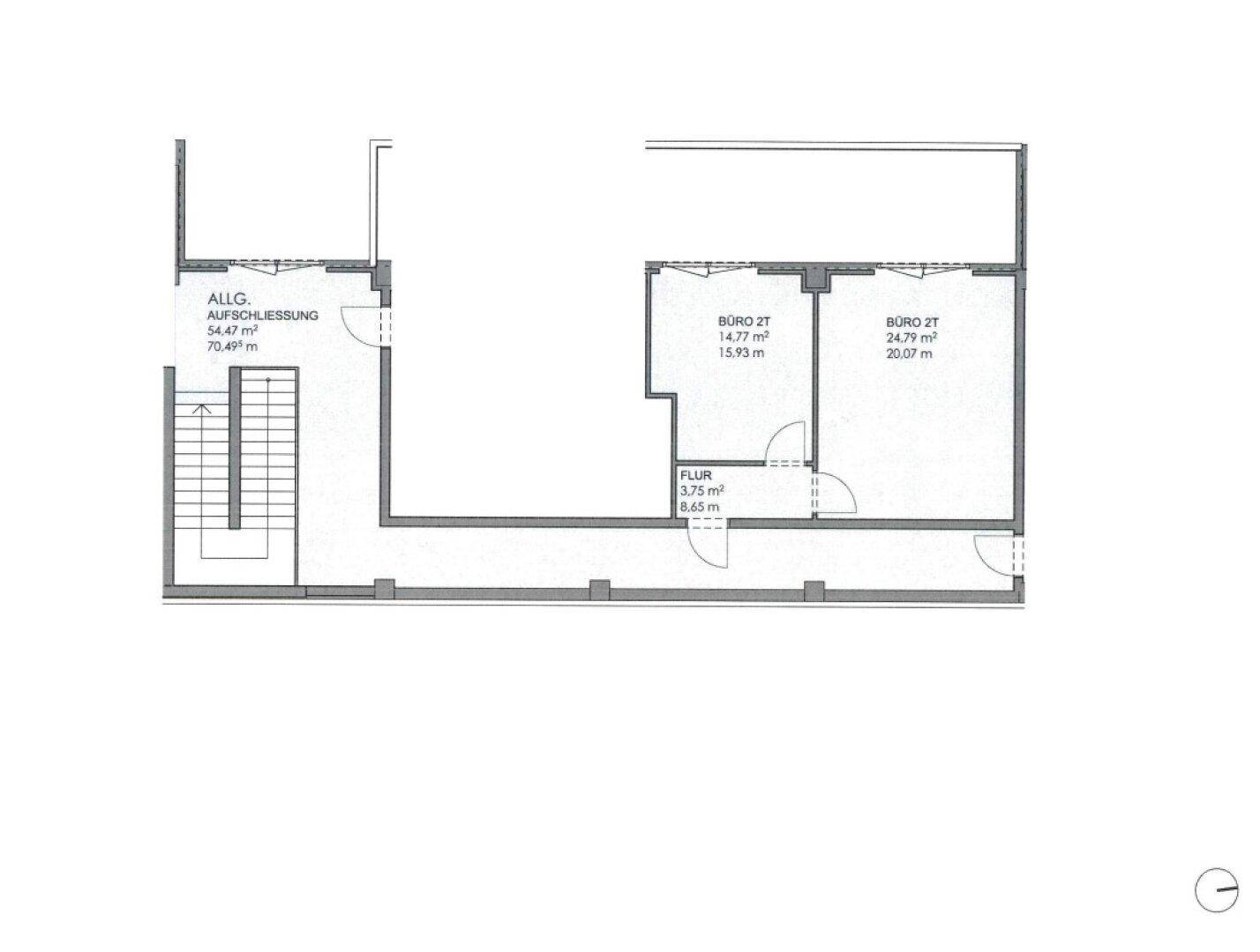 Grundrissplan mit Treppenhaus, allgemeinem Zugangsbereich und zwei separaten Büroräumen.