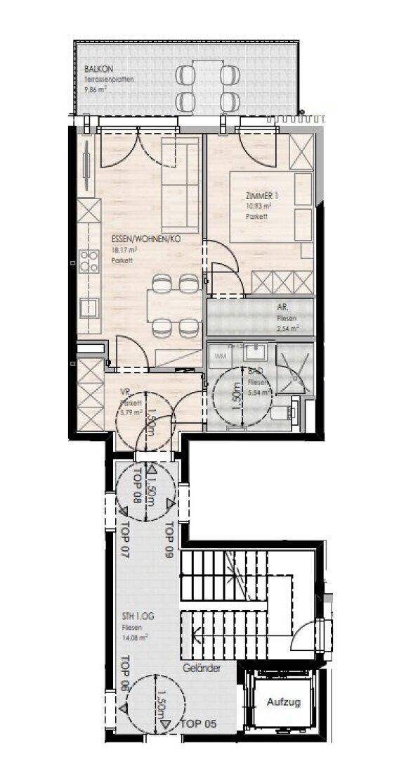 Grundriss einer Wohnung mit offenem Wohnbereich, Schlafzimmer, Bad, Balkon und Aufzugzugang.