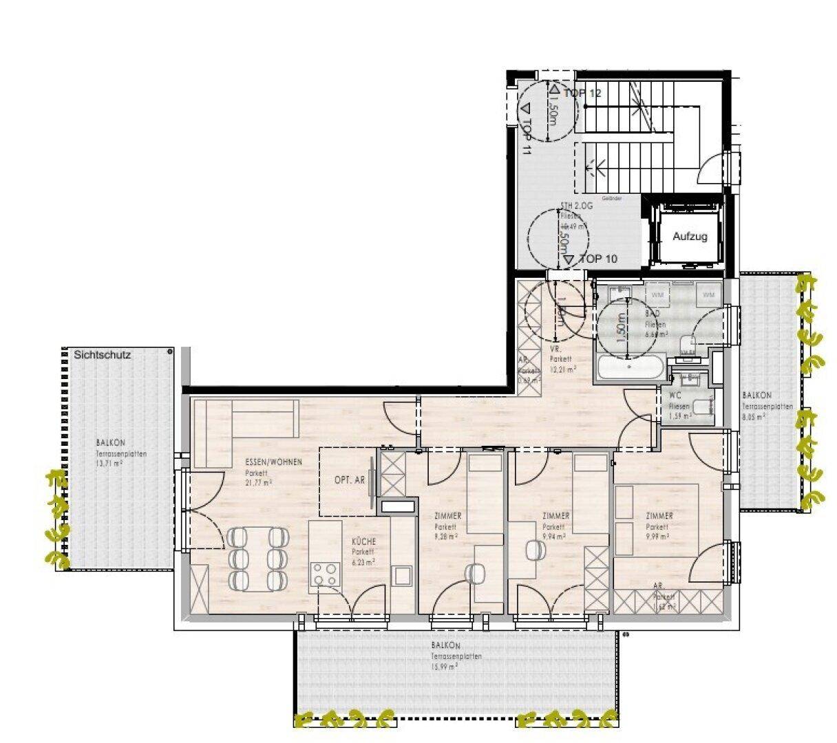 Detaillierter Grundriss einer Wohnung mit offenem Wohn-Essbereich, drei Zimmern, zwei Bädern und mehreren Balkonen, inklusive Aufzugzugang.