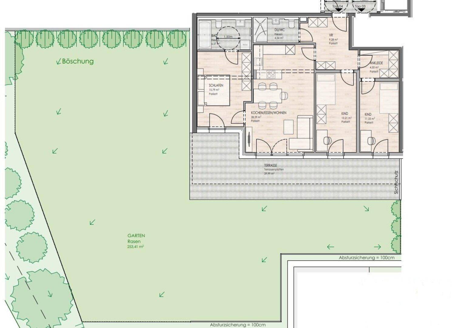 Grundriss einer Wohnung mit offener Küche, Wohnbereich, Schlafzimmern, zwei Bädern, Terrasse und Garten.