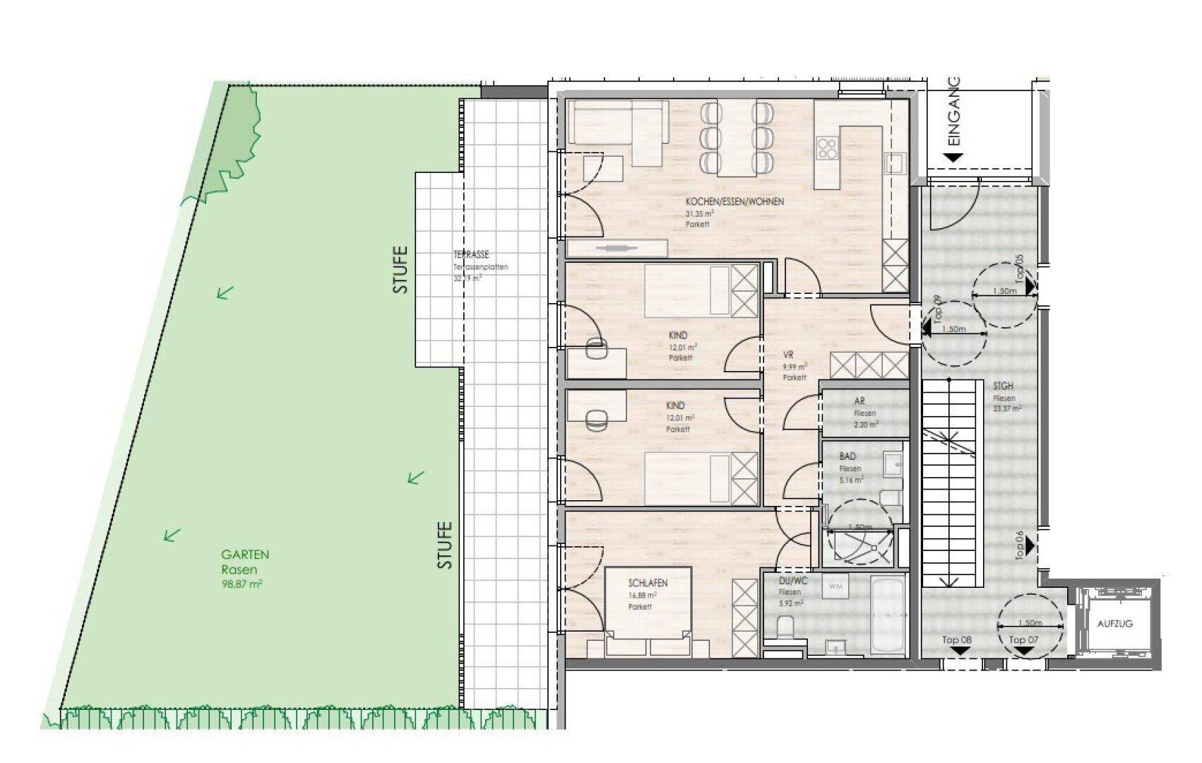Grundriss einer Wohnung mit offenem Wohnbereich, drei Schlafzimmern, zwei Bädern, Terrasse und Garten.