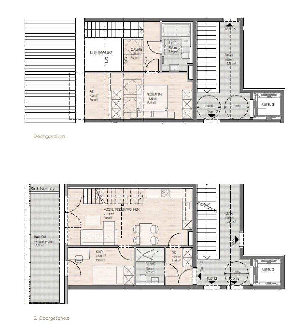 Grundriss einer Maisonette-Wohnung über zwei Ebenen mit offenem Wohnbereich, Balkon und zwei Bädern.