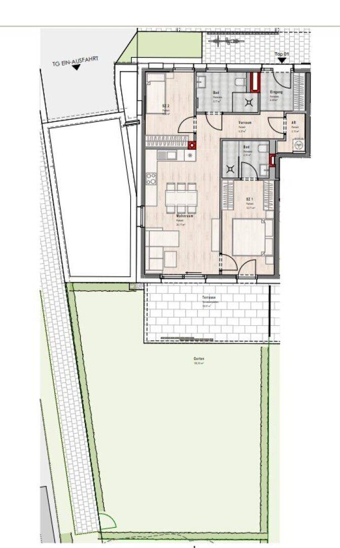 Detaillierter Grundriss einer modernen Wohnung mit offenem Wohn-Essbereich, zwei Bädern und direktem Zugang zu Terrasse und Garten.