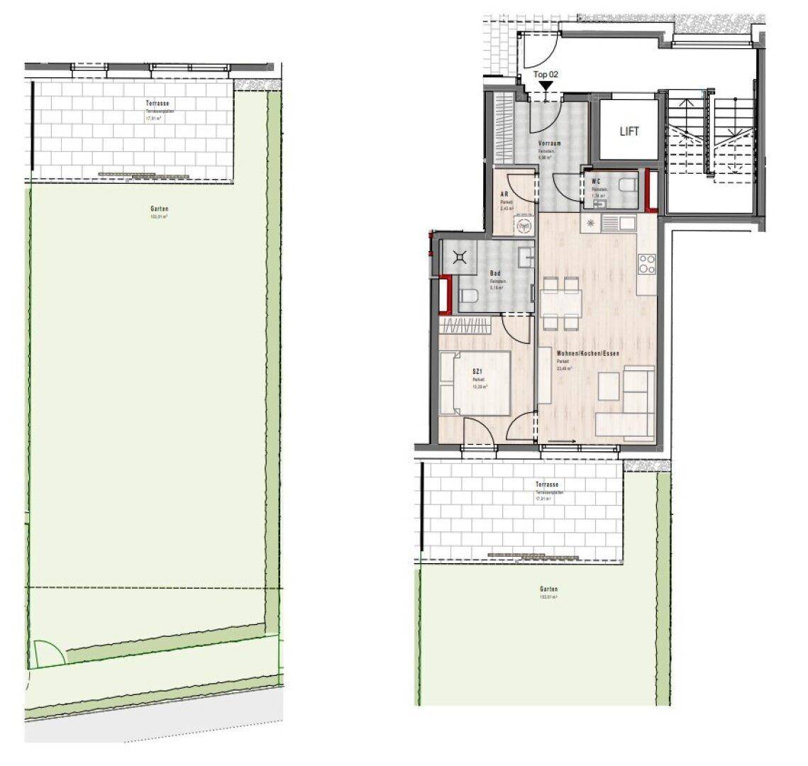 Grundriss einer Wohnung mit offenem Wohn-/Koch-/Essbereich, Schlafzimmer, Bad, WC, Abstellraum, Terrasse und Garten.
