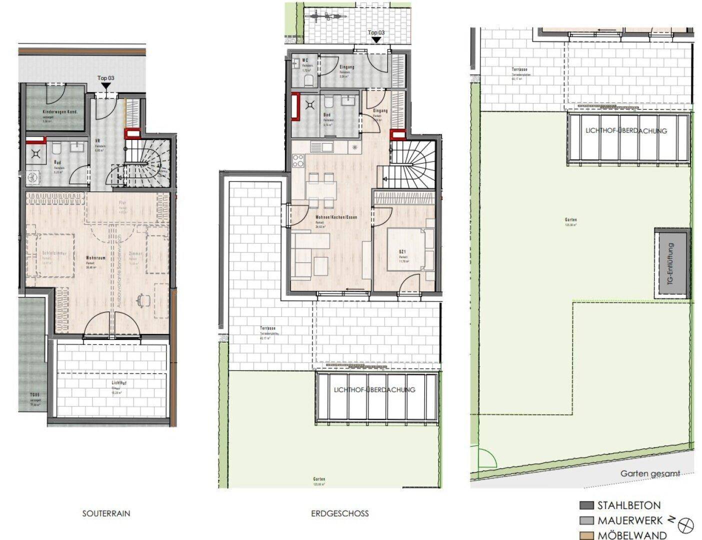 Grundrissplan zeigt ein mehrstöckiges Layout mit Souterrain und Erdgeschoss, inklusive Garten, Terrasse und mehreren Bädern.
