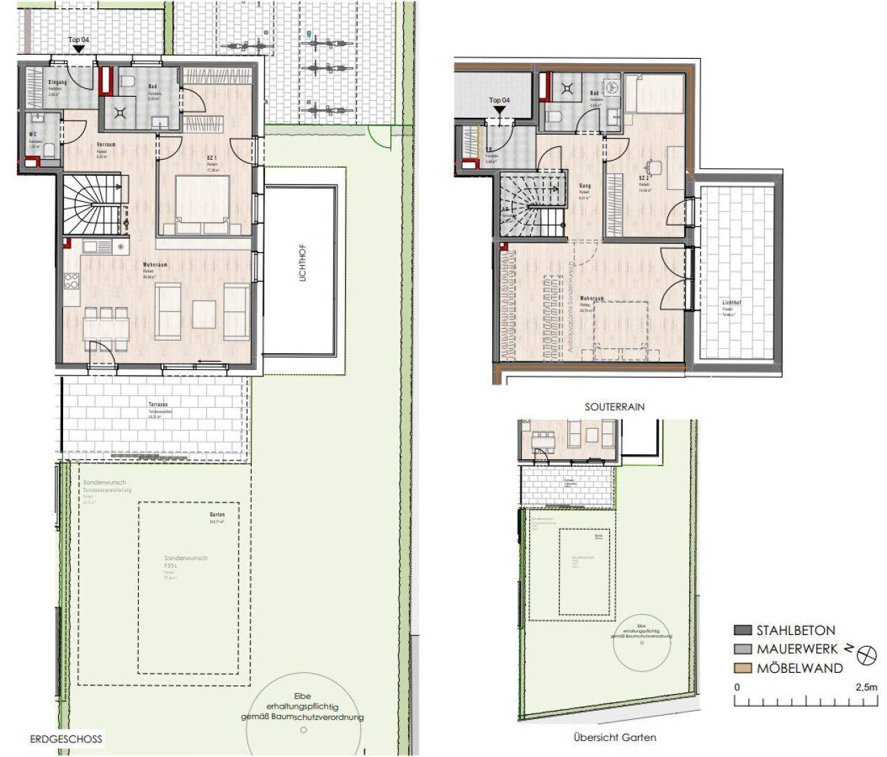Grundrissplan zeigt Erdgeschoss und Souterrain mit offenem Wohnbereich, zwei Bädern, Garten und Terrasse.