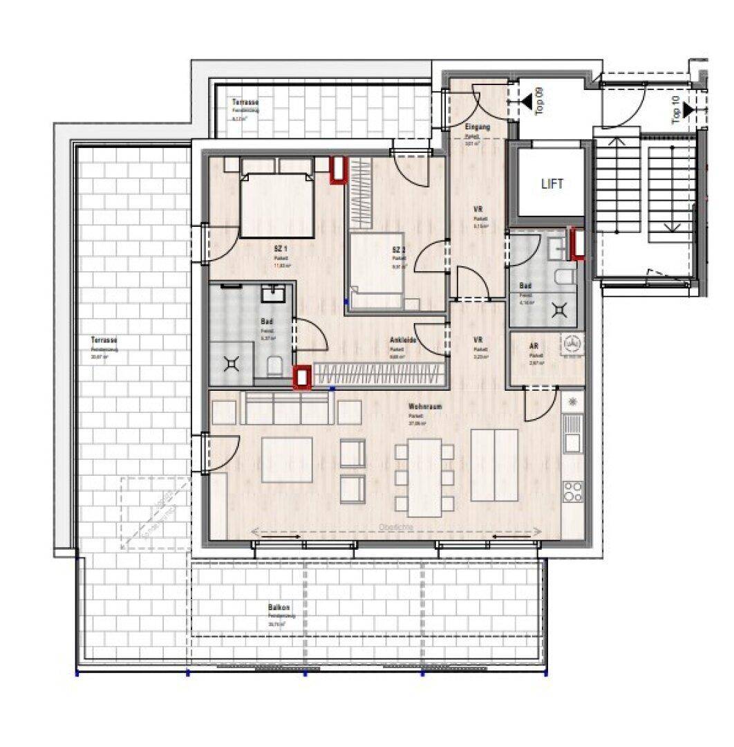 Grundriss einer Wohnung mit offenem Wohnbereich, zwei Bädern, Ankleidezimmer, Balkon und zwei Terrassen.