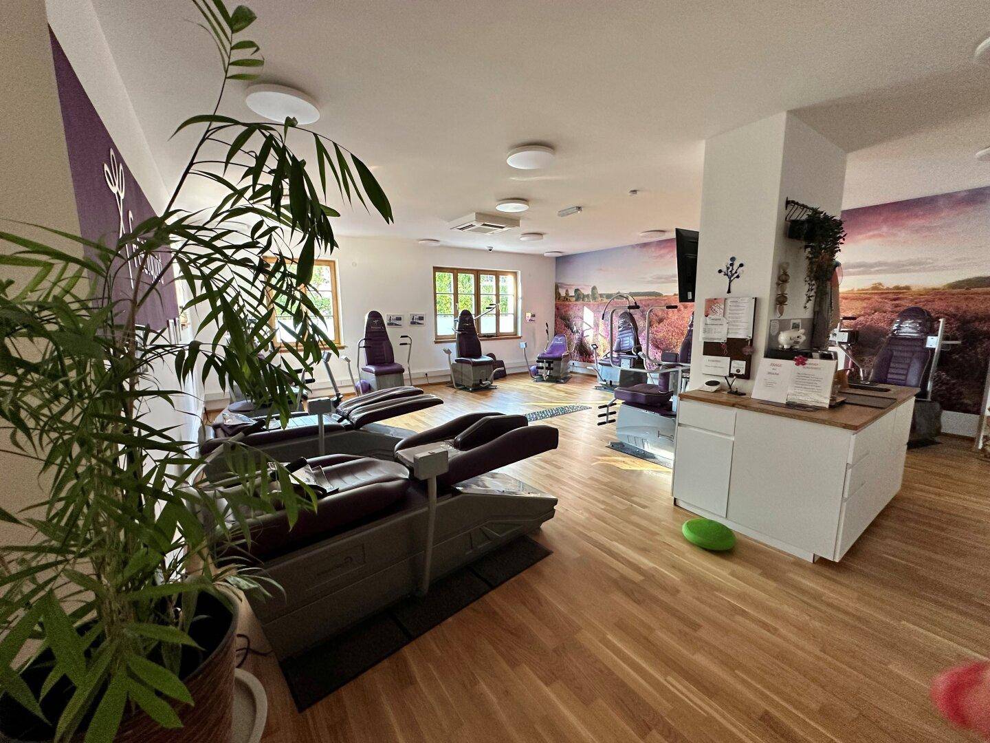 Großer Fitnessraum mit verschiedenen Trainingsgeräten, Holzboden und einer Wanddekoration.