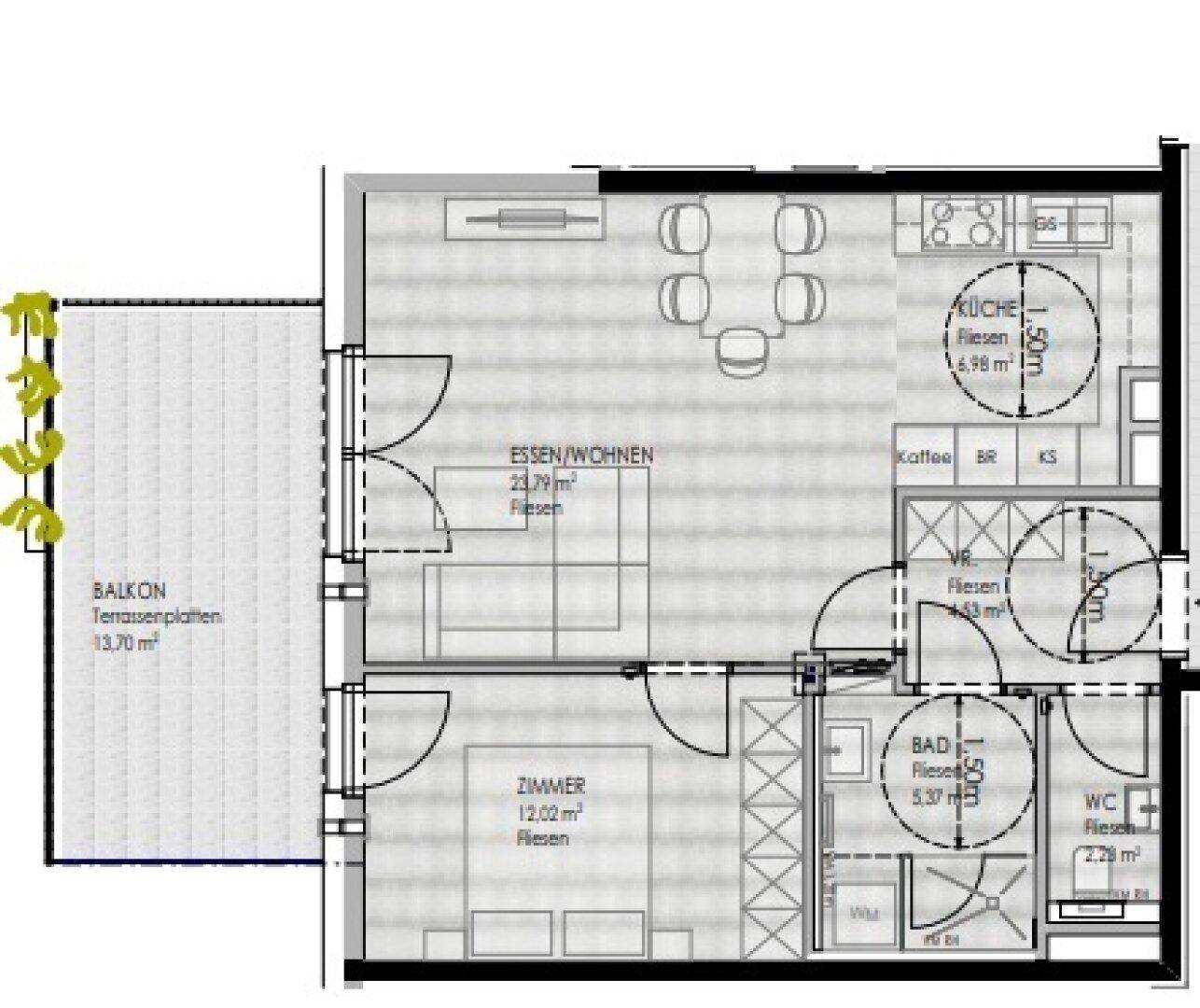 Grundrissplan einer Wohnung mit offenem Wohn-Essbereich, separater Küche, Schlafzimmer und großem Balkon.