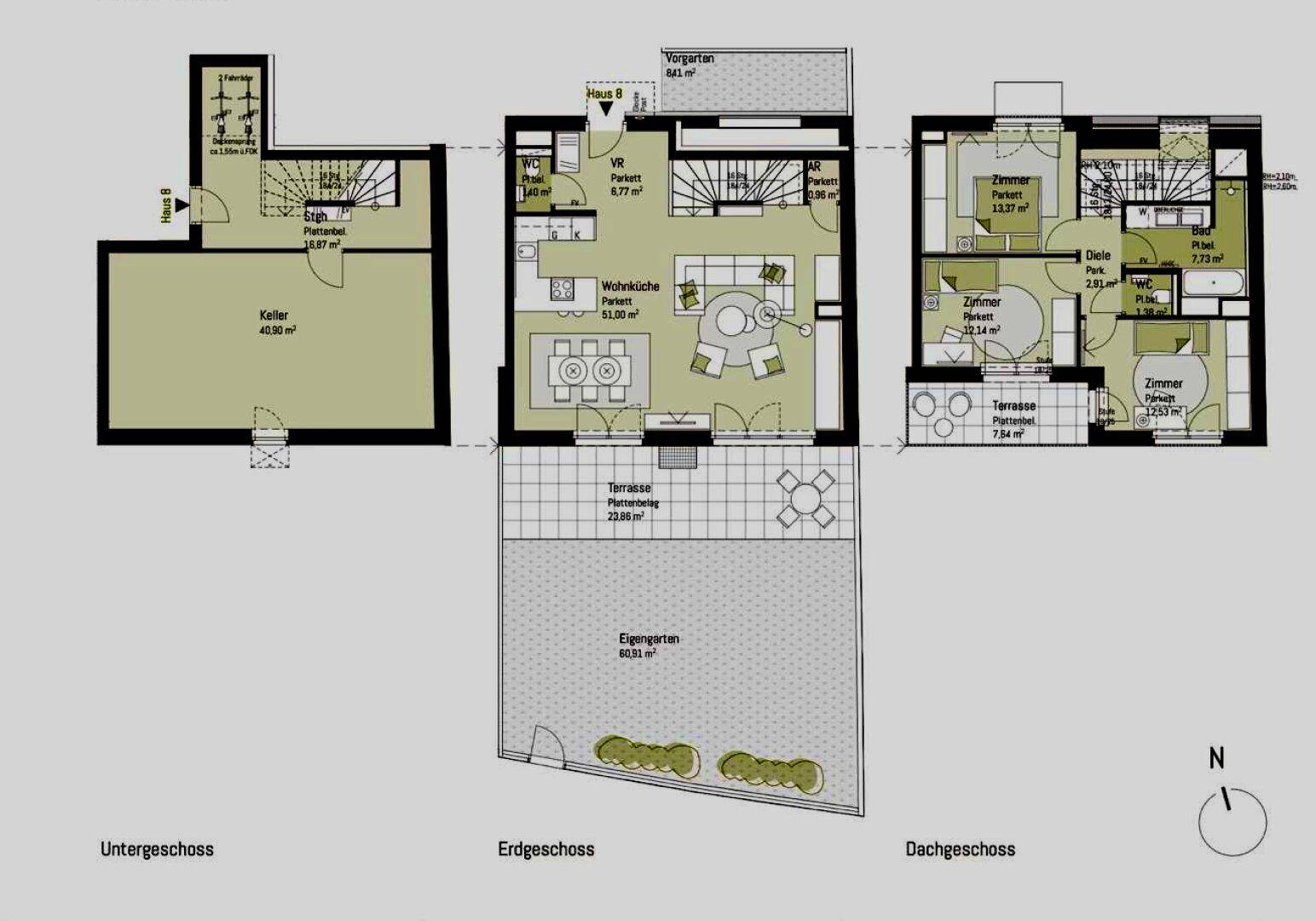 Detaillierter Grundriss des Hauses mit Keller, Erdgeschoss und Dachgeschoss, inklusive Garten und Terrasse.