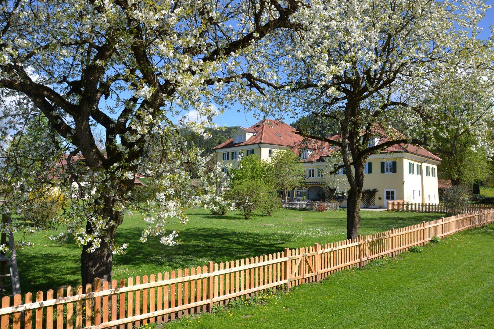 Großzügiges Anwesen mit gelbem Gebäude, rotem Dach und weitläufigem grünen Garten mit blühenden Bäumen.