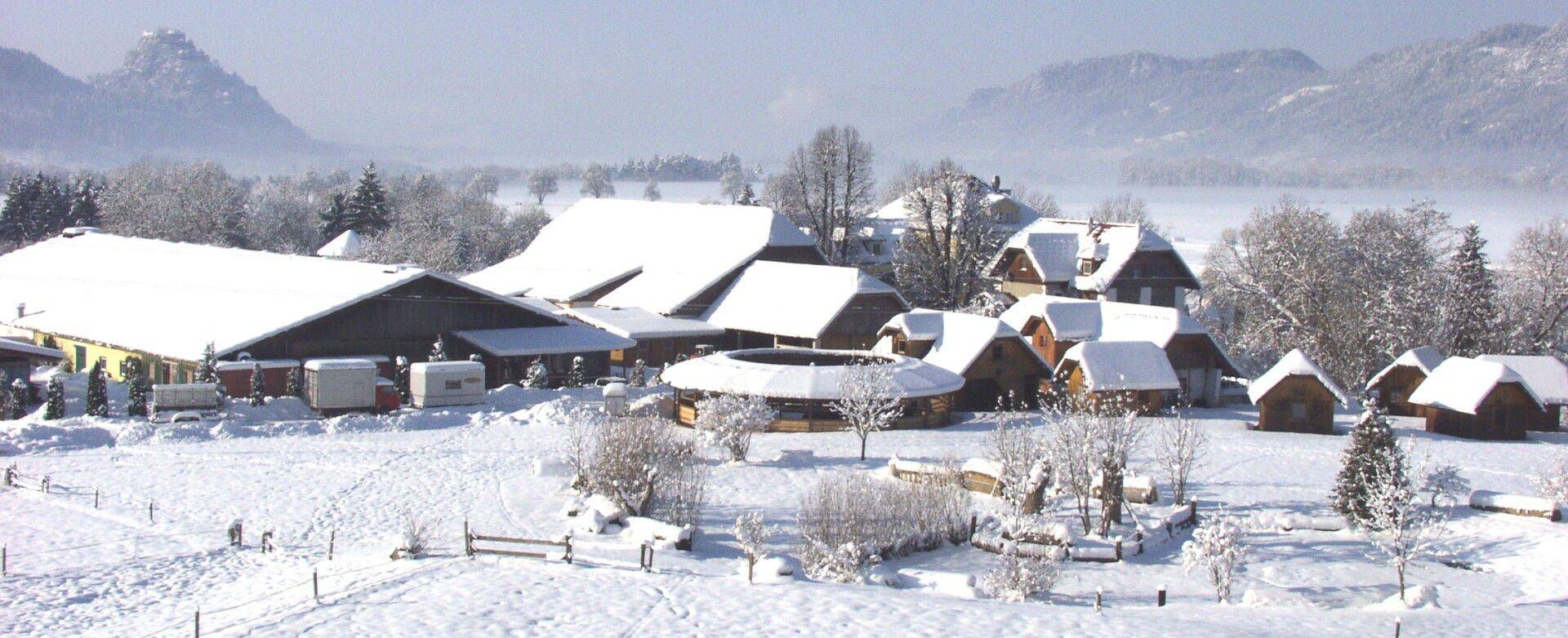 Luftaufnahme eines weitläufigen Anwesens in einer verschneiten Winterlandschaft mit Bergen im Hintergrund.