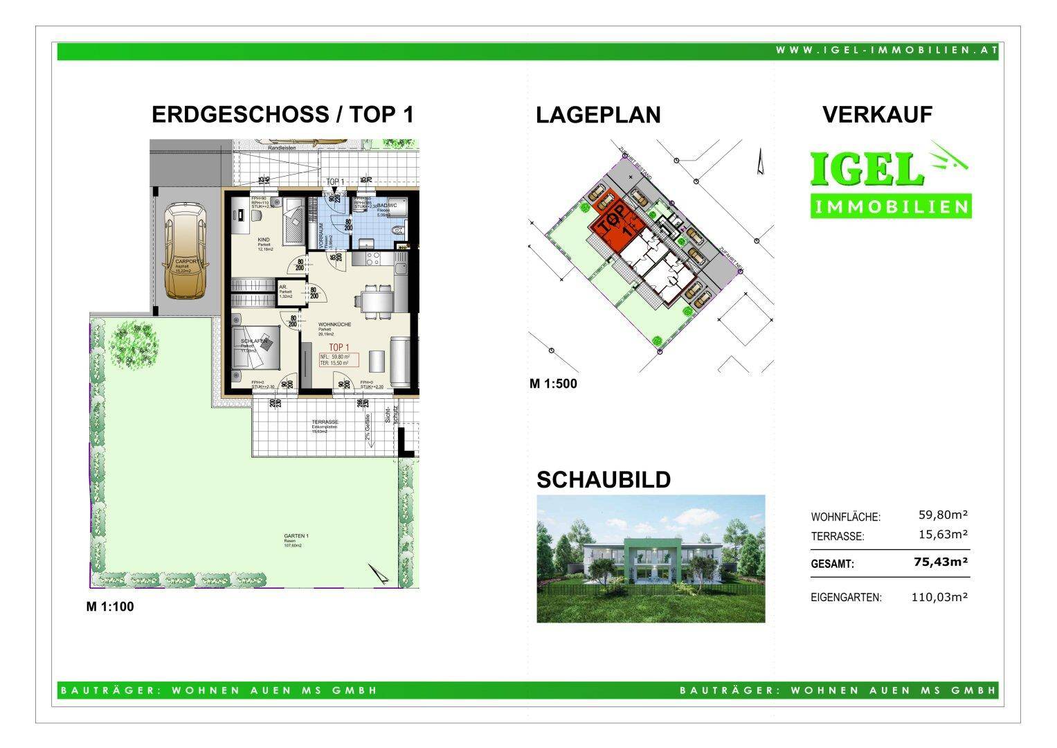 Grundriss des Erdgeschosses mit Garten, Terrasse und Carport sowie Lageplan und Eckdaten.